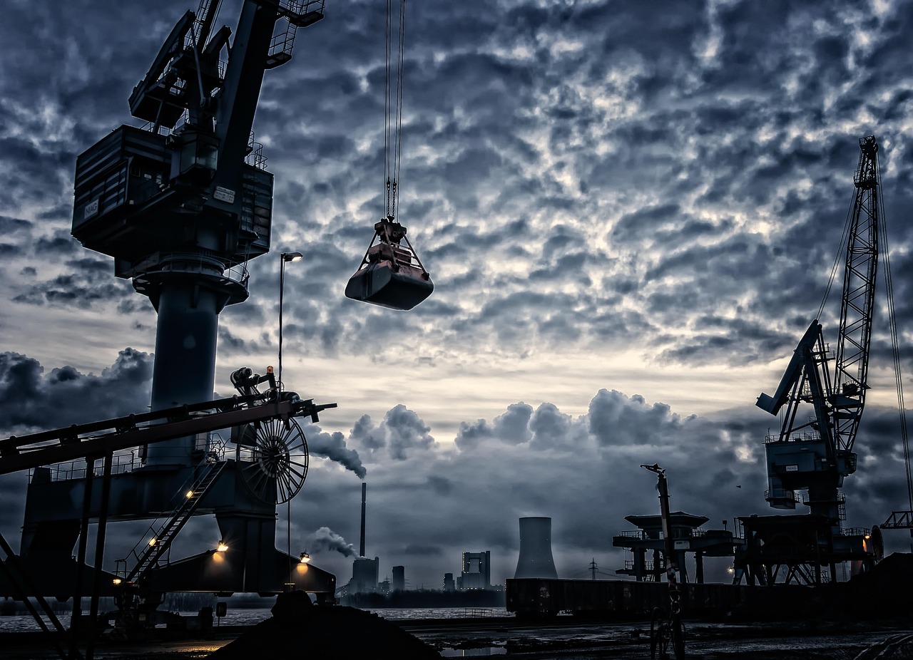crane, port, nature, shipping industry, harbor, pier, clouds, industrial plant, unloading, gripper, tower crane, twilight, dusk